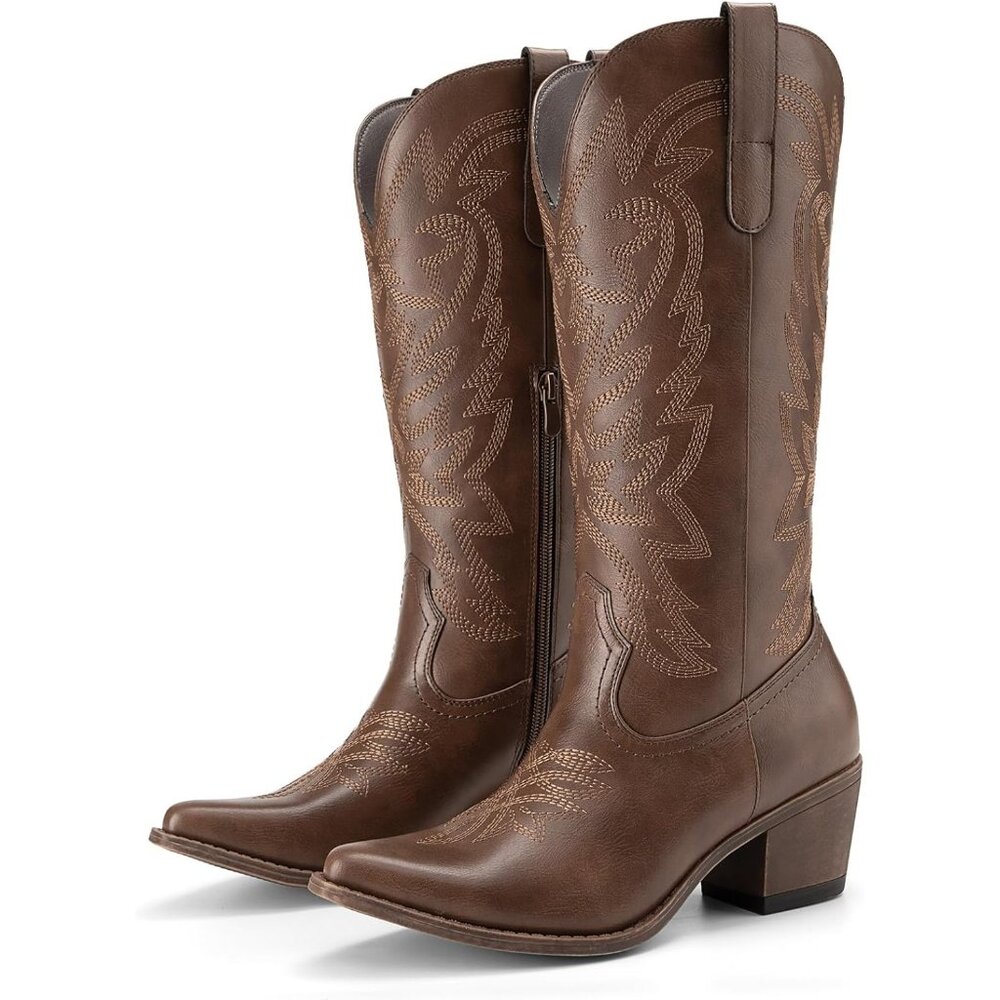 Women Brown Fashion Low Chunky Heel Snip Toe Embroidery Western Mid Calf Boots - Picture 5 of 6